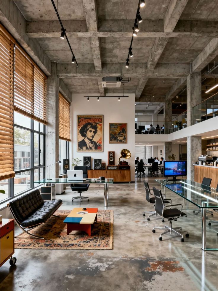 The workshop floor — concrete bays, leather seating, glass desks.